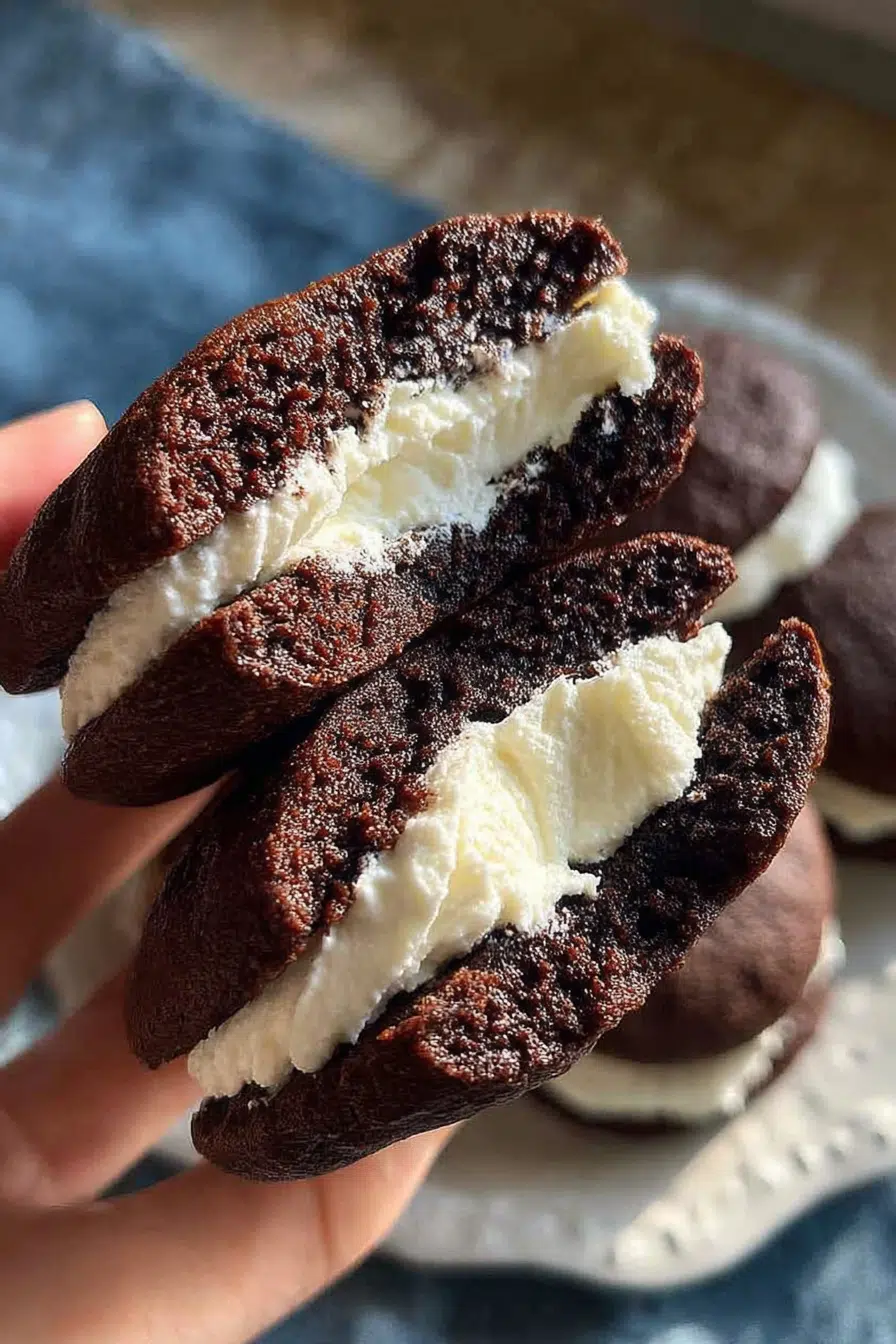 A mouth-watering close-up of a homemade sourdough whoopie pie, showcasing its rich chocolate cookie and luscious cream filling.