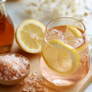 Flat lay of pink salt drink ingredients for recipe card