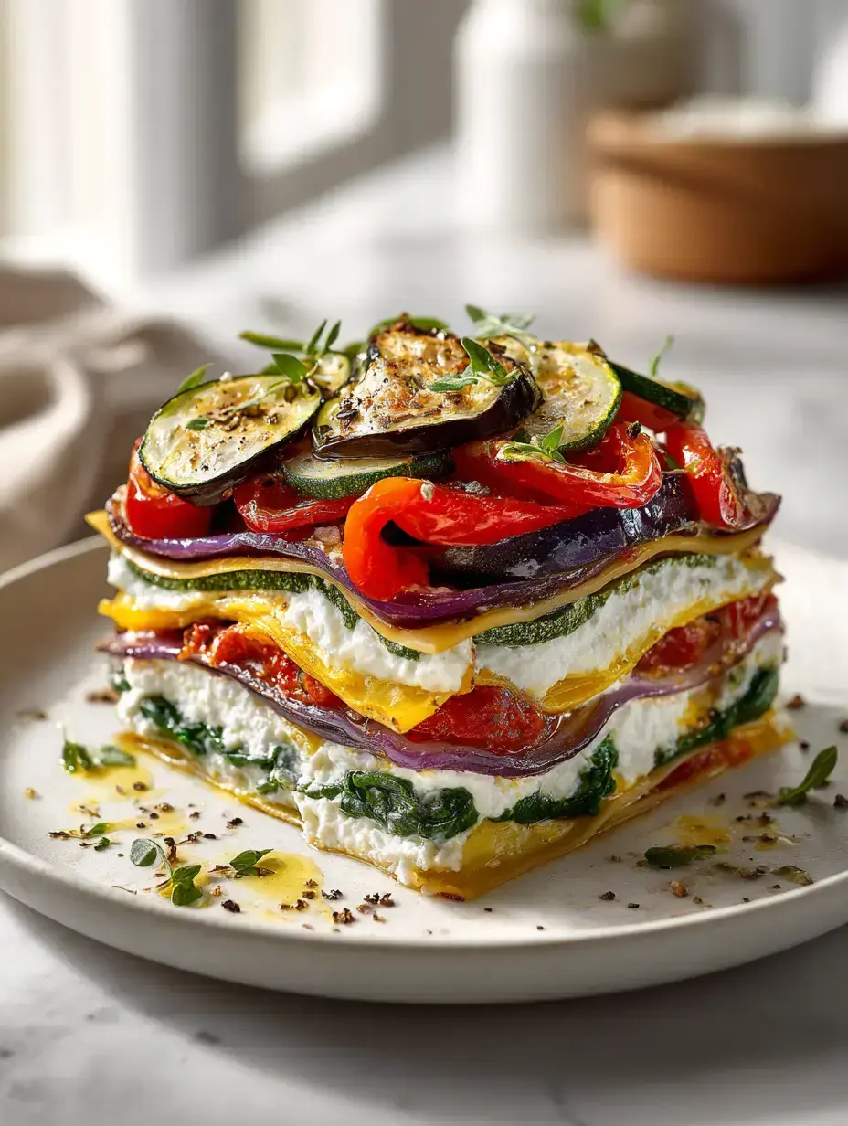 Cozy Serving of Layered Mediterranean Vegetable Lasagna with Creamy Ricotta